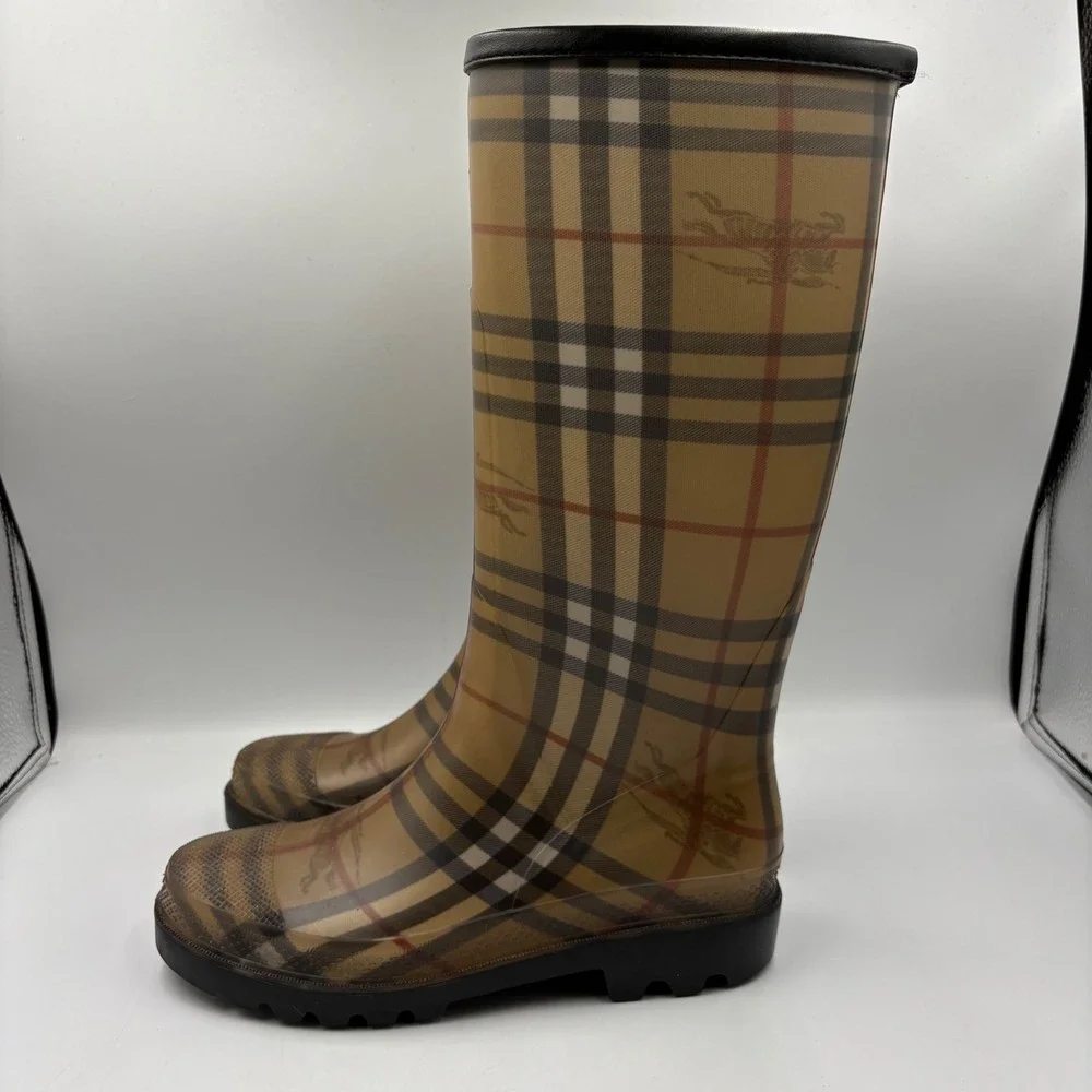 Burberry Rain Boots Women Size 38 Tan Nova Check Tall Haymarket Plaid